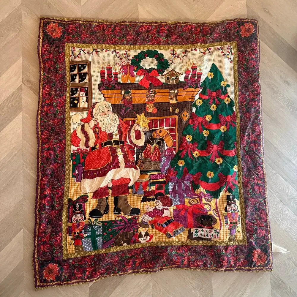 Christmas Quilt Blanket Santa Claus Tree Quilted Wall Hanging Light Grommets